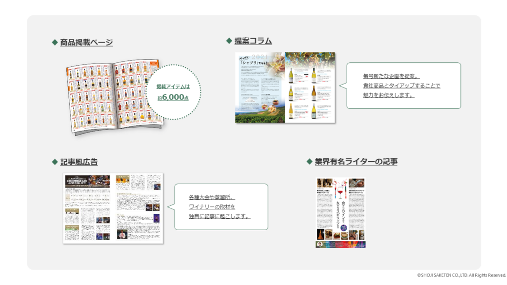 ・掲載アイテムは約6,000点

・毎号新たな企画を提案。貴社商品とタイアップすることで魅力をお伝えします。

・各種大会や蒸溜所、ワイナリーの取材を独自に記事を起こします。